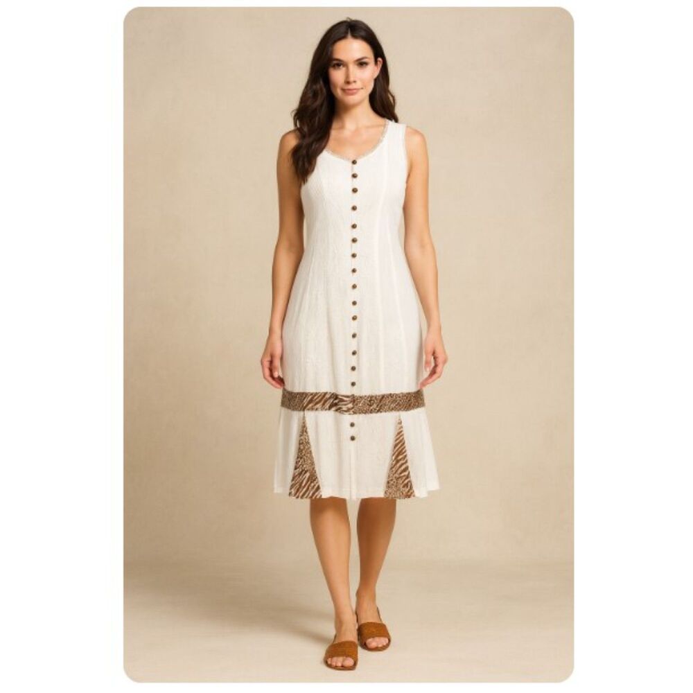 Raya Sun Dress White Summer Embroidered Animal Print Trim Womens Size S